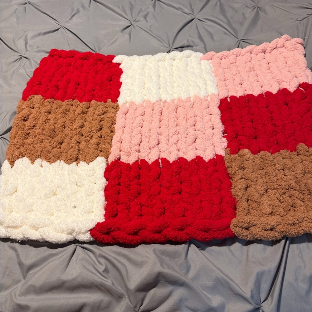 Handmade Chunky Patchwork Throw Blanket - Red, Pink, White, Brown